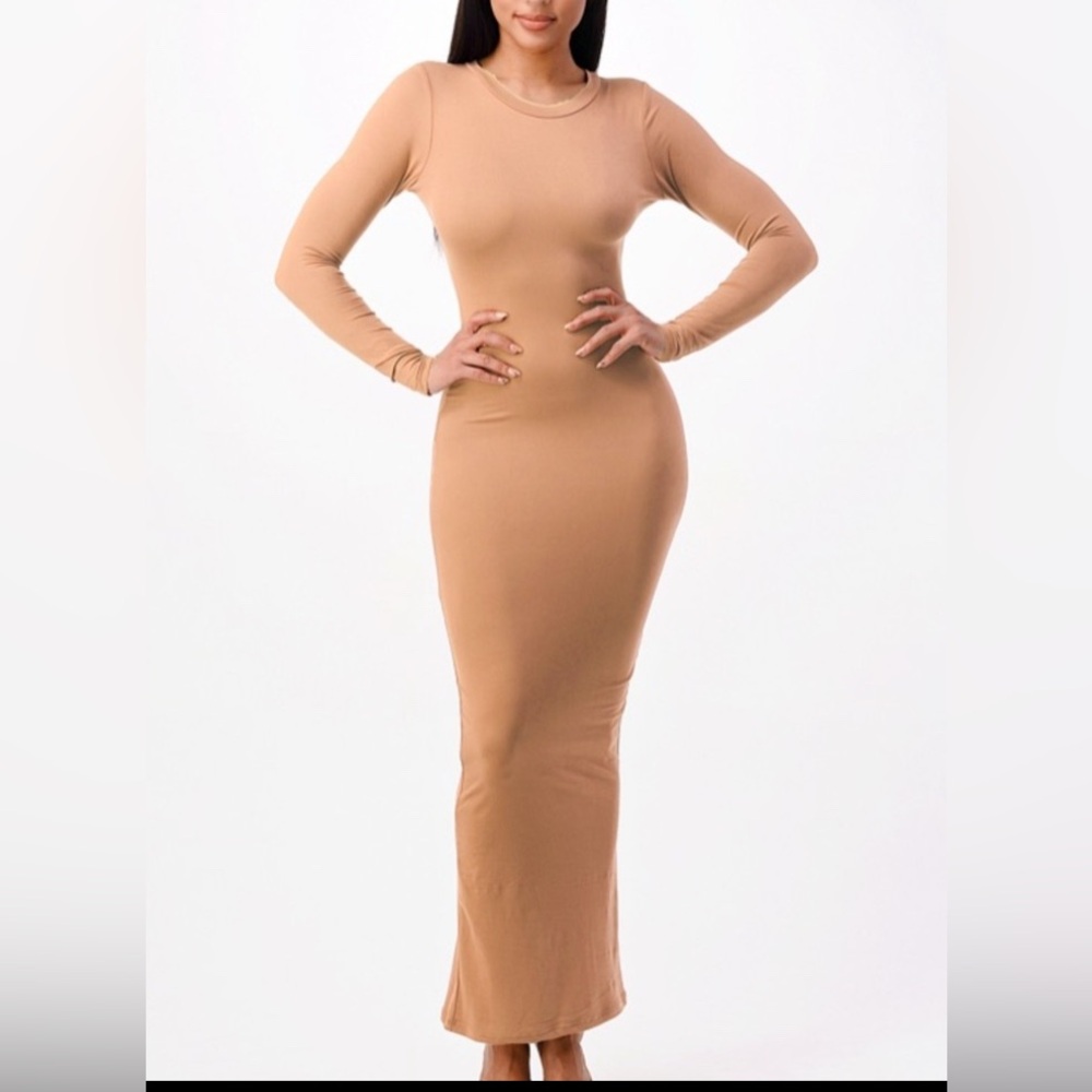 Neutral Color Mock Neck Bodycon Maxi Dress | Long Sleeve | Elegant & Stretch Fit